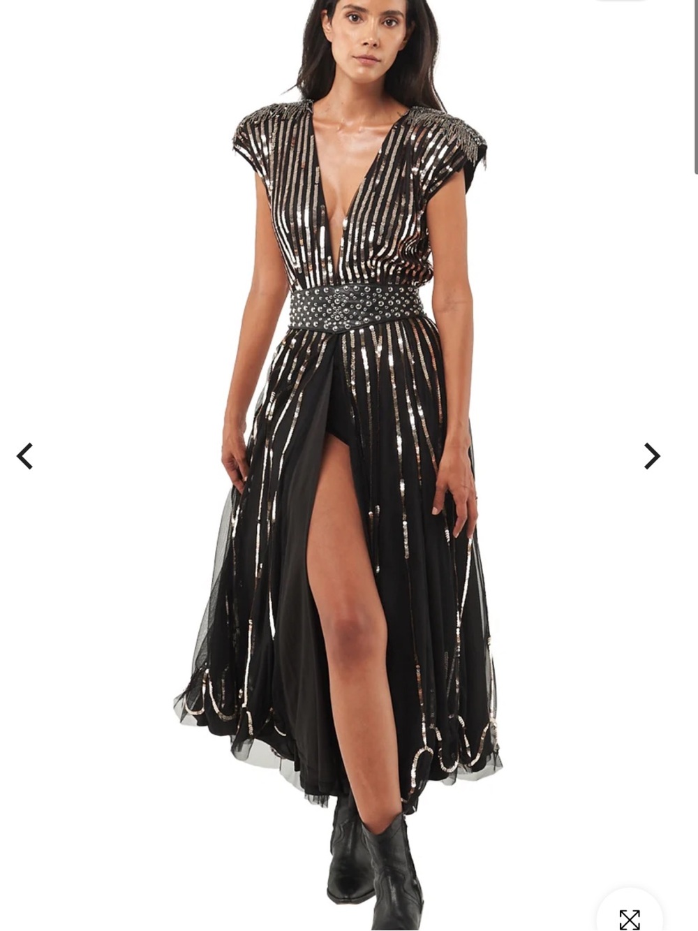 NWT SETA Apparel Sarkisian Sequin V-Neck Maxi Dress Black Gold L